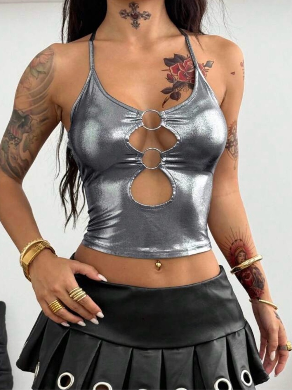 SHEIN Silver Metallic Ring-Front Crop halter top